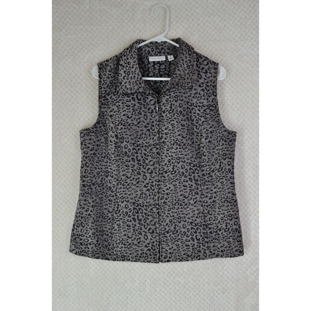Susan Graver Women's 12 Gray Animal Print Tapestry Sleeveless Full Zip Vest
